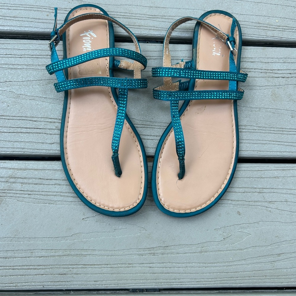 Teal Strappy Women's T‑Bar Sandals with Rhinestone Detail - Picture 4 of 4